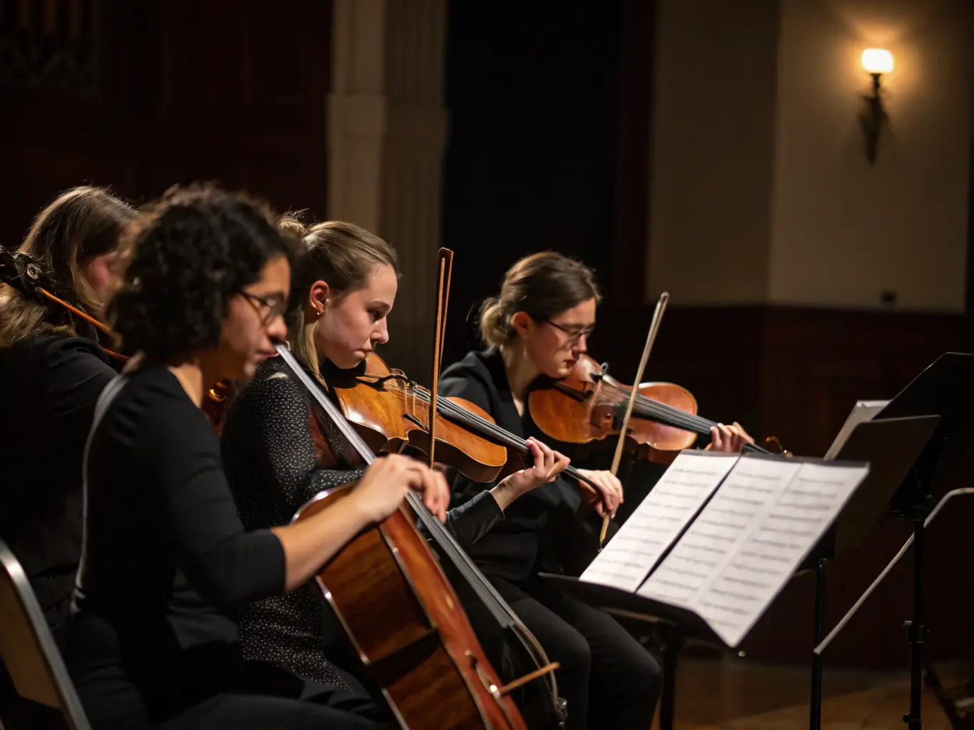 A photograph capturing a string quartet performing a classical piece in a grand hall, emphasizing the elegance and skill involved in chamber music.