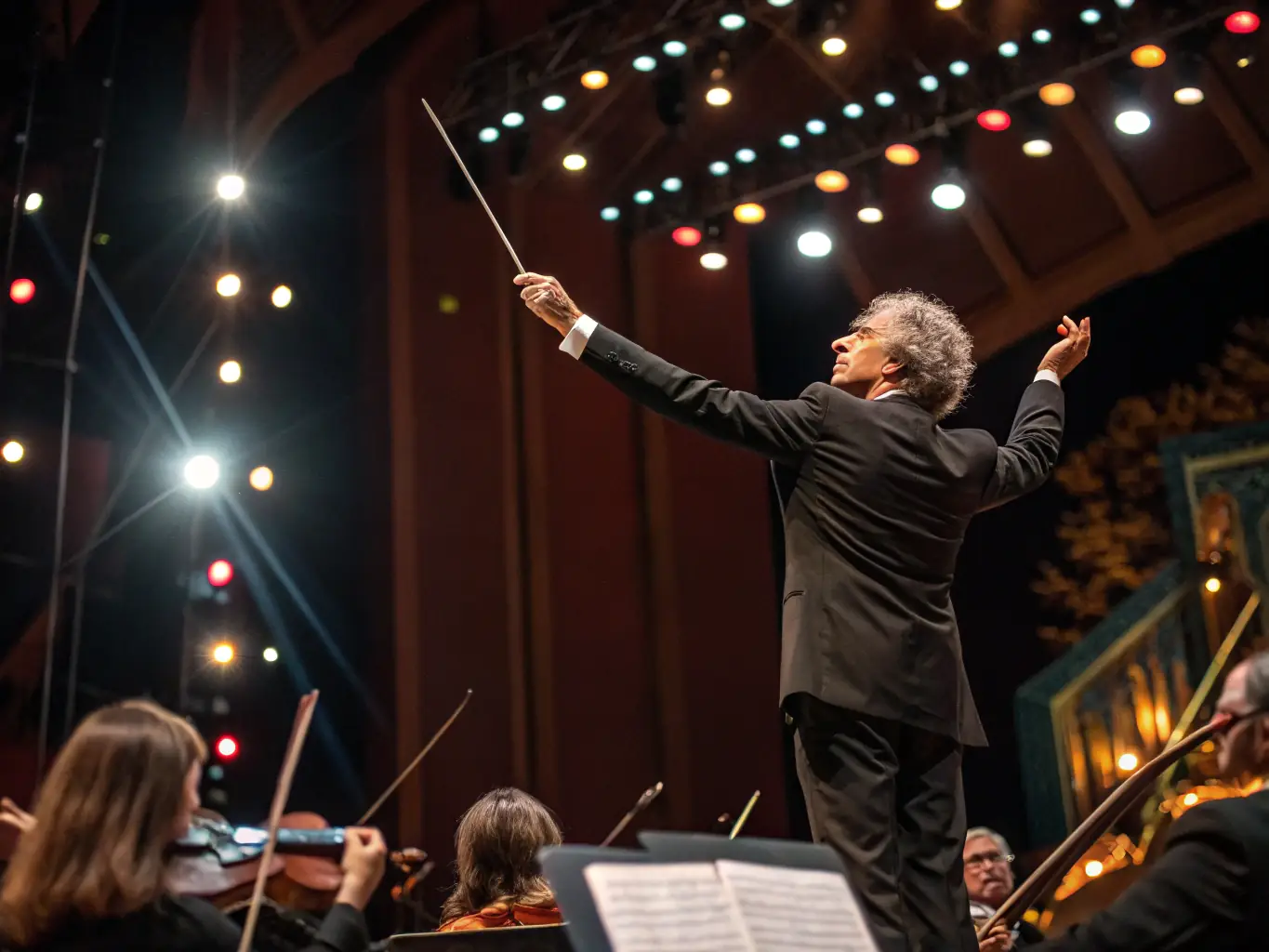 A dynamic image of a large orchestra performing on stage during a concert, showcasing the energy and grandeur of orchestral music.
