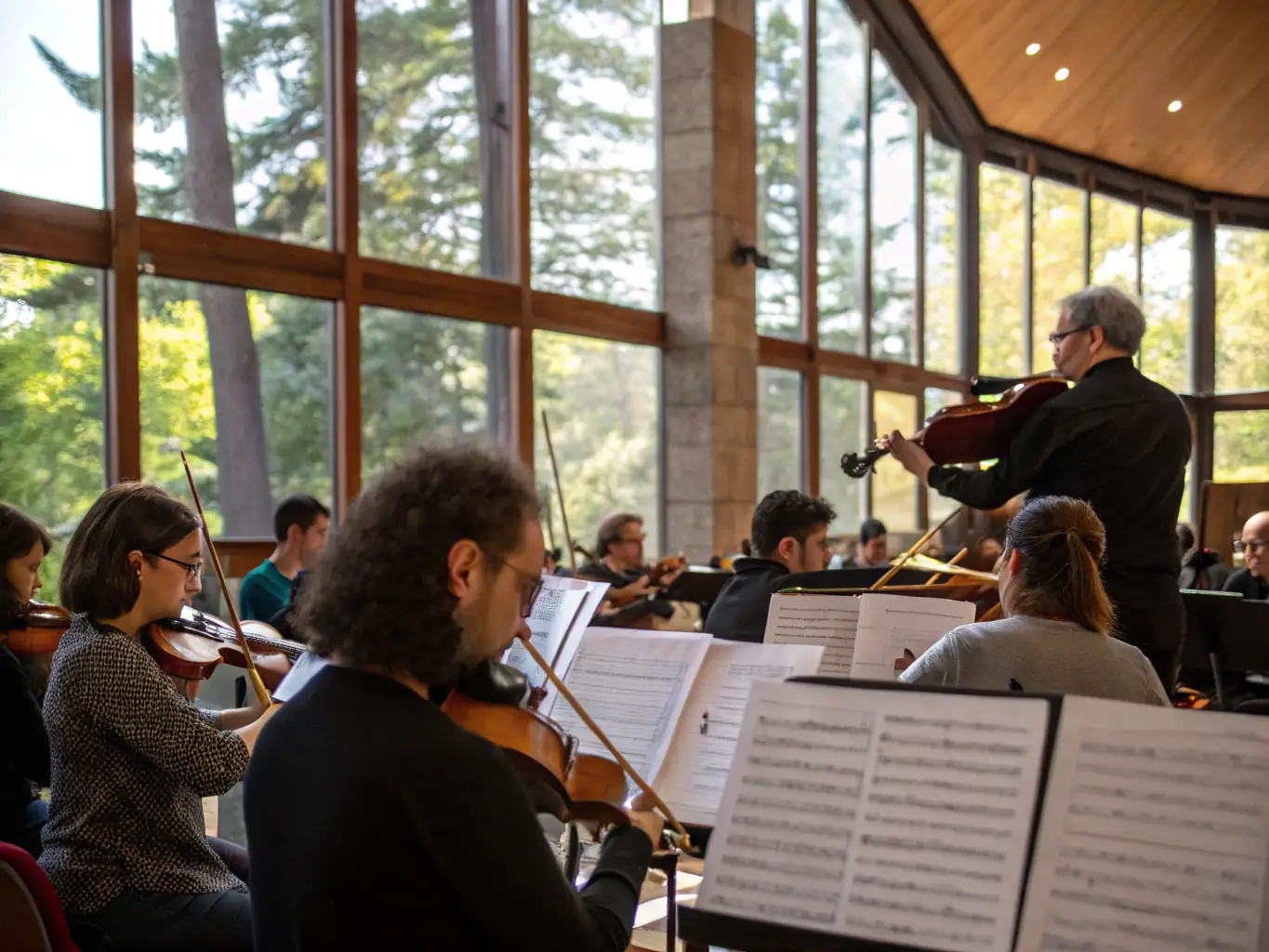 A photo of musicians from HPCG and students from the conservatory working together during a rehearsal, highlighting the collaborative spirit.
