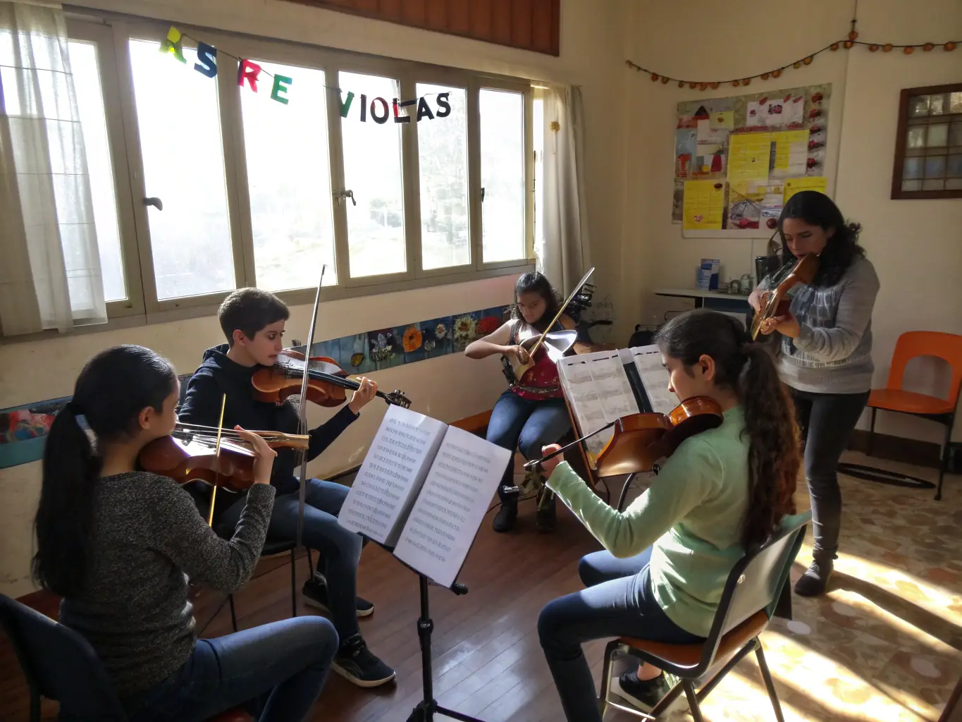 A photograph capturing a smaller ensemble rehearsing a piece of chamber music, highlighting the intimate and collaborative nature of the performance in a rehearsal room.