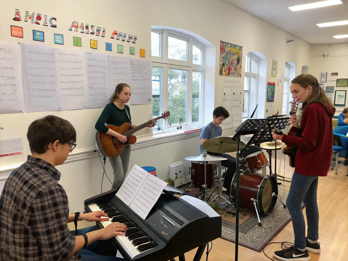 A dynamic image showing a collaborative performance between the HPCG and students from the intercommunal conservatory, emphasizing the educational and community aspects of the partnership.